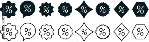 Collection of eighteen percent icons, vector set of 18% symbols in various colors, styles, and shapes on white background.