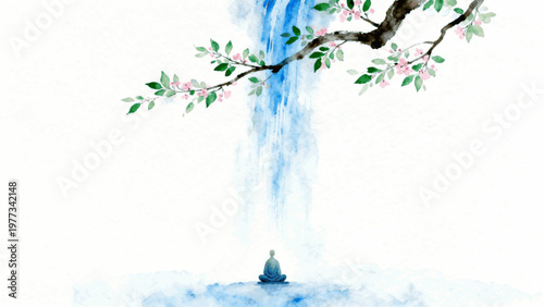Quiet Mind Meditation Under Waterfall isolated watercolor vector illustration svg