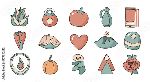 Collection of charming and whimsical vector icons featuring food, nature, and abstract shapes for creative design projects