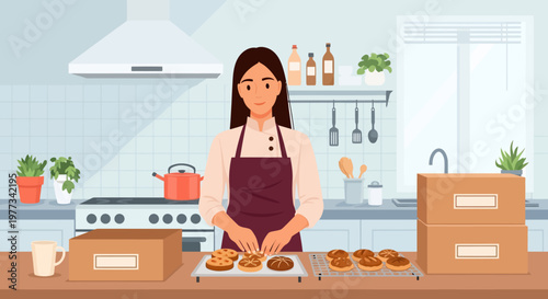 Woman Baking Muffins in Modern Kitchen.