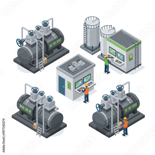 Isometric Industrial Equipment and Control Rooms with Workers.