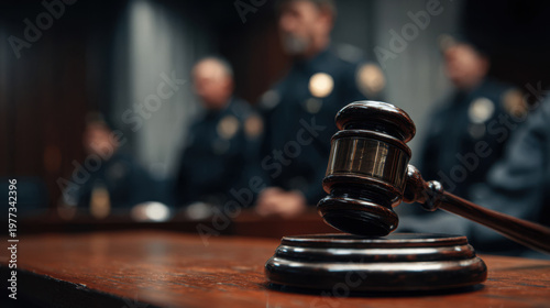 Courtroom with a gavel on a wooden desk and police officers standing in the background during a legal proceeding