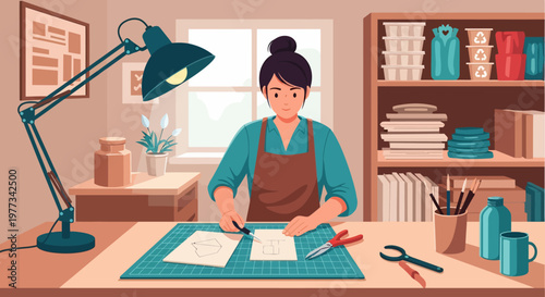 Woman Crafting with Paper and Scissors.