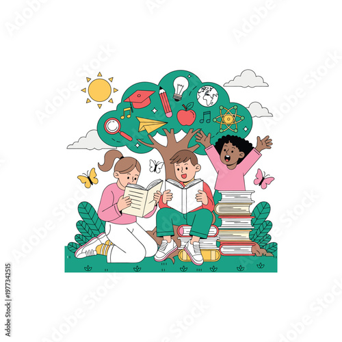 Children reading books together under nature, colorful educational vector illustration promoting learning and imagination. 