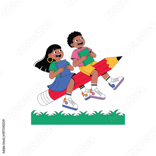 Children reading books together under nature, colorful educational vector illustration promoting learning and imagination. 