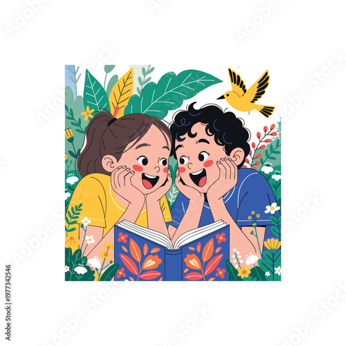 Children reading books together under nature, colorful educational vector illustration promoting learning and imagination. 