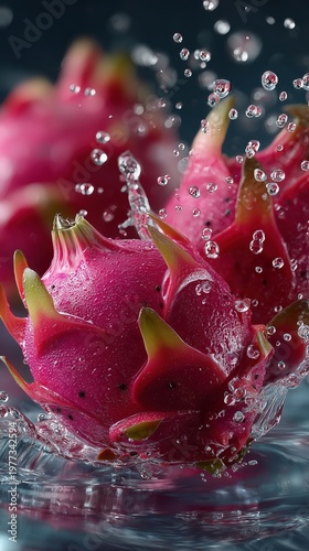 Bright pink dragon fruits splash delightfully in water, showcasing their vibrant colors and unique texture