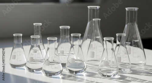 Laboratory glassware is arranged on a white surface with natural sunlight casting shadows.