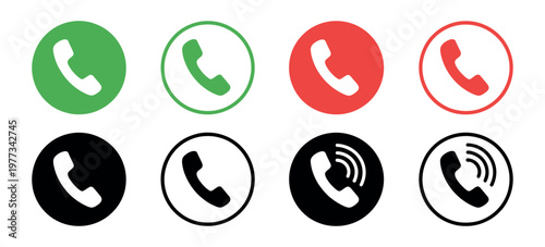 Phone call icon vector set with accept and decline telephone symbols for mobile app interface, call controls, and digital communication design
