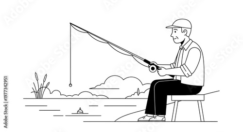 Man Fishing on a Pond Bank - Vector Line Art Illustration.