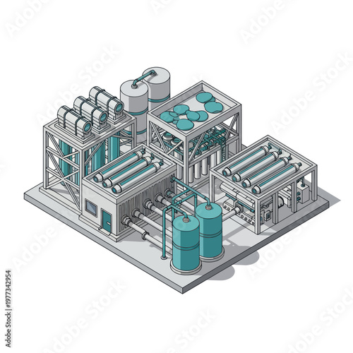 Isometric Industrial Water Treatment Plant Illustration.