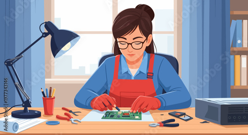 Woman Painting Miniature Figures on Desk.