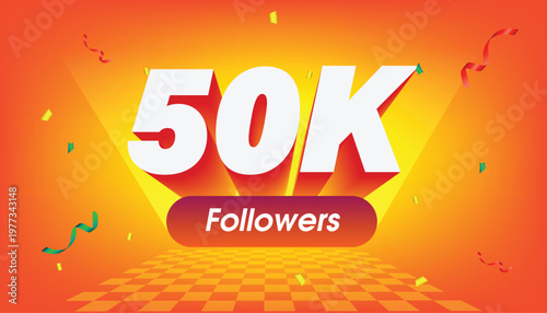3D celebratory graphic featuring the milestone "50K Followers" in bold white typography with a deep red extrusion. The design is set against a dynamic orange-to-yellow gradient background.
