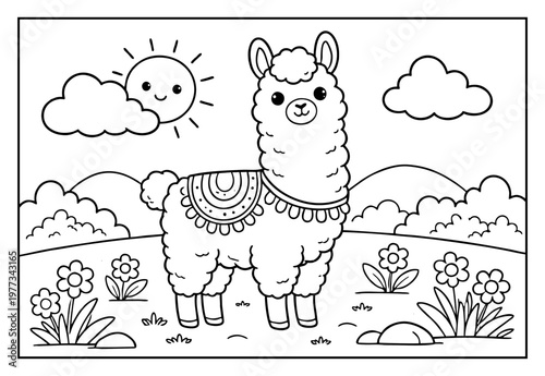 Cute llama coloring page illustration