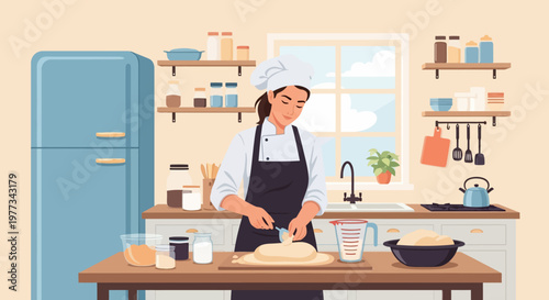 Woman Preparing Dough in Kitchen.