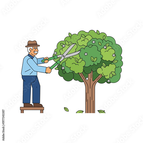Elderly man pruning tree with large shears in cartoon style with vibrant green color in natural lighting for gardening