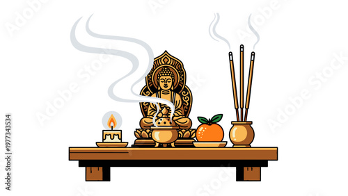 Buddhist Altar with Buddha Statue, Incense, and Offerings - Vector Illustration.
