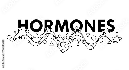 Text "HORMONES" integrated with abstract chemical molecular structures and wave lines. Black and white vector concept of endocrinology, biochemistry, and human health.