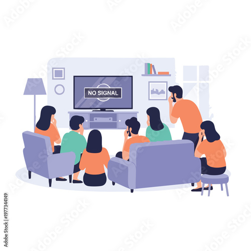 Family and friends gathered watching television with no signal.