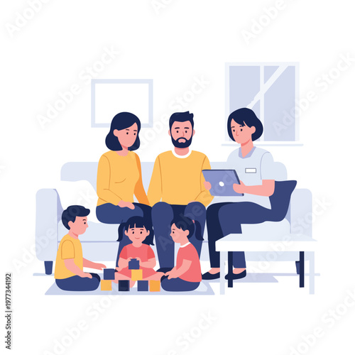 Family therapy session with parents and children interacting with therapist.