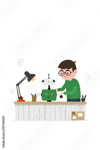 Engineer Adjusting Smiling Cobot in Warm Workshop Scene