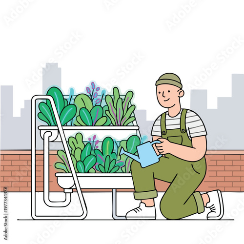 Gardener watering plants in urban vertical garden.