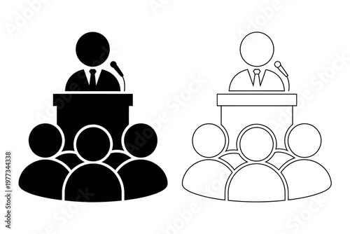 Presentation icon vector illustration featuring a spokesman giving a talk for business, seminar, training, or public speaking interface design