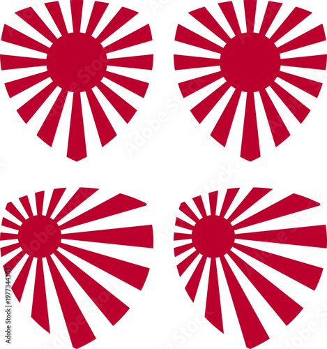 Japanese Rising Sun shield badge collection, flat vector illustration of the Kyokujitsu-ki national symbol for heraldry and identity desig