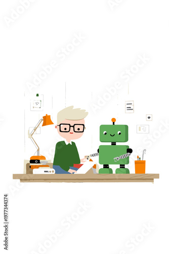 Engineer Adjusting Smiling Cobot in Warm Workshop Scene