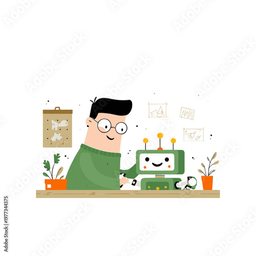 Engineer Adjusting Smiling Cobot in Warm Workshop Scene