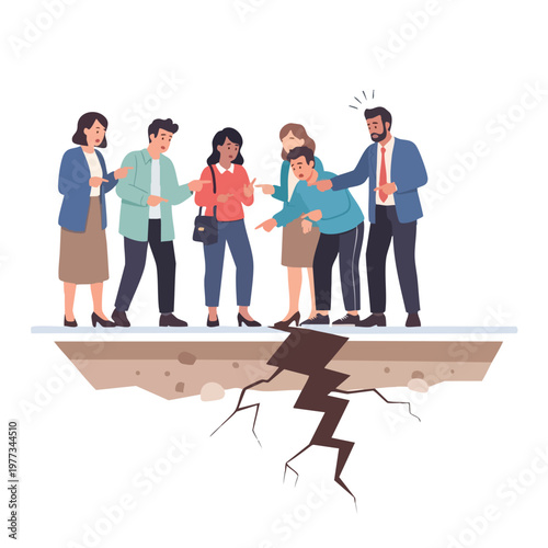Group of people reacting to a large crack in the ground.