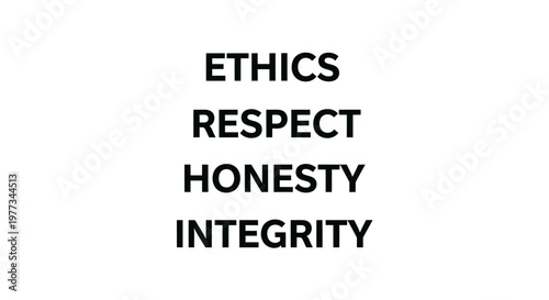 Set of core values text including Ethics, Respect, Honesty, and Integrity. Minimalist black typography on white background. Business ethics and corporate culture concept
