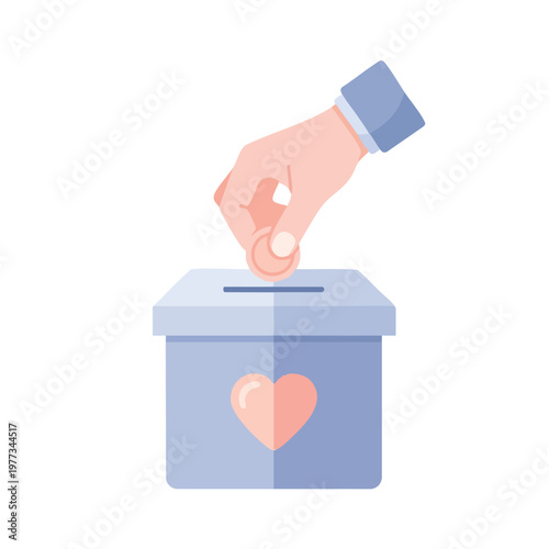 Hand dropping coin into donation box with heart symbol.