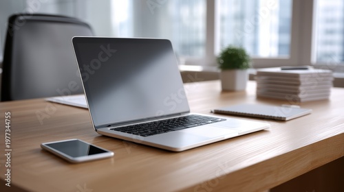 Clean desk with laptop and smartphone during a business meeting