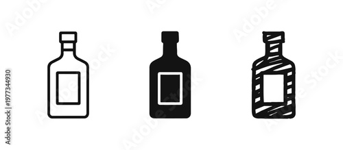 Alcohol liquor bottle icon set in three different styles for drink and bar design