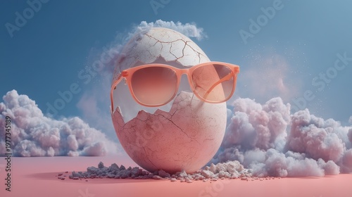 Cracked pastel Easter egg with coral sunglasses and colored dust