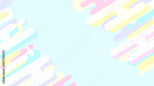 パステルカラーのメンフィス風シェイプが斜めに散りばめられたゆめかわいいポップな背景 水色 SNSや広告向け横長 16:9