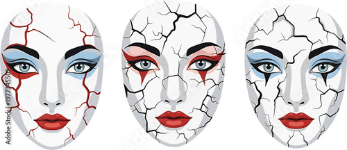 Three cracked porcelain masks with dramatic makeup and expressive eyes, symbolizing brokenness and vulnerability