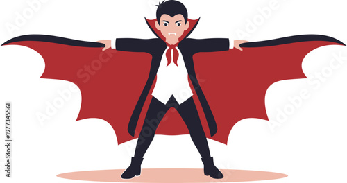 A playful illustration of a young vampire in a cape spreading his arms wide, with a confident and welcoming stance, perfect for Halloween or fantasy themes