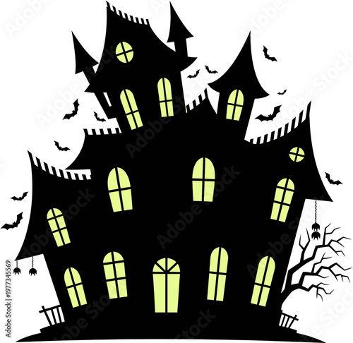 Spooky haunted house silhouette with glowing windows and flying bats on a dark night