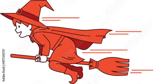 A whimsical illustration of a child dressed as a witch, joyfully flying on a broomstick, leaving a trail of speedy motion lines, perfect for Halloween-themed designs