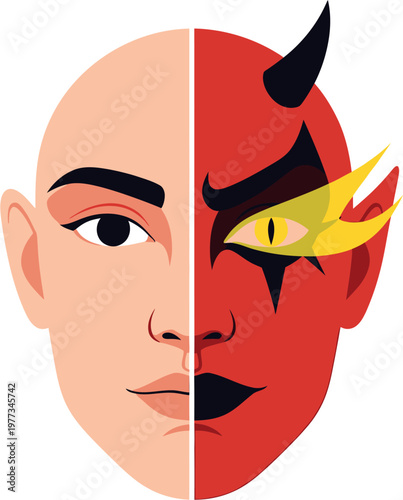 The duality of human nature A split portrait of a person's face, half human and half devil, symbolizing good versus evil