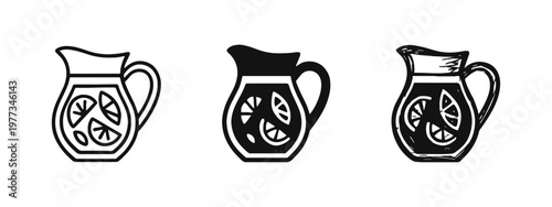Sangria or lemonade pitcher icon set with fruit slices in three artistic styles