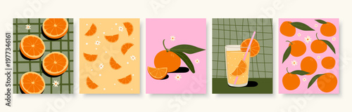 Seamless Tangerine Pattern with Leaves and Flowers on Pink Background