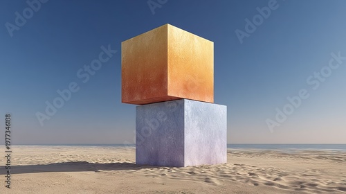 Surreal Two Block Composition with Desert Beach and Calm Sky