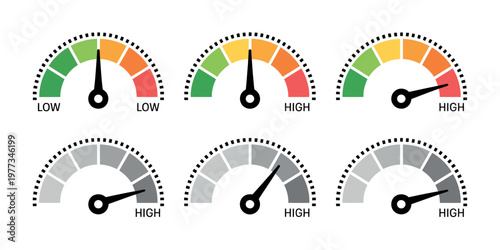 Risk and performance indicator gauges vector with dotted scale for business metrics, financial analysis, and data visualization design