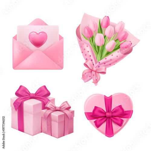 Mother’s Day with Tulips Bouquet Gift and Heart Elements Isolated white background