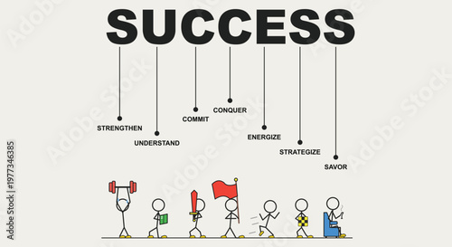 Stick Figure Infographic Representing Seven Steps To Success Including Strength Understanding Commitment Conquest Energy Strategy And Savoring The Final Results