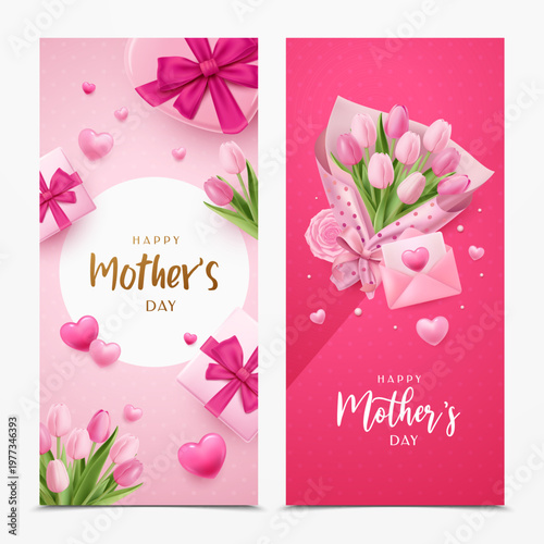 Happy Mother’s Day Vertical Banner with Tulips Gift Box and Pink Romantic Theme