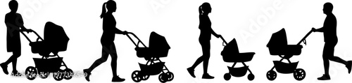 Silhouettes of families with strollers a black and white depiction of parenthood and daily life